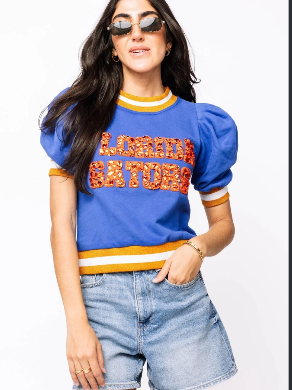 QUEEN OF SPARKLES Royal Blue Short Puff Sleeve Top with Orange Trim